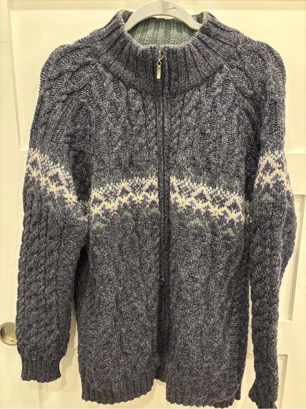 Men's Charcoal 100% Wool Zip Sweater with Fair Isle Detail